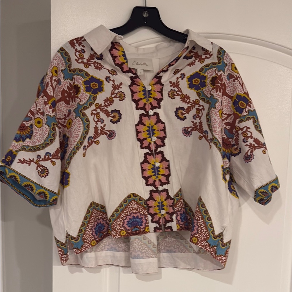 Cleobella Cream Graphic Boxy Polo Blouse